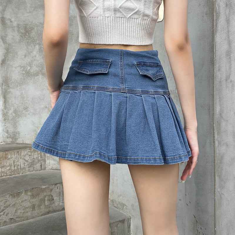 Net Red Hot Girl Lace Slim Denim High Waist Pleated Skirt Female