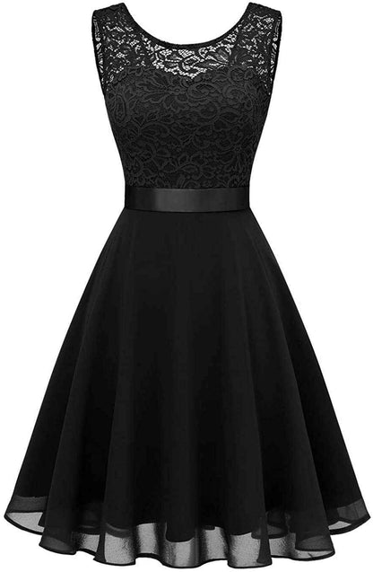 European And American Hollow Waist Solid Color Dress - Sleeveless Lace Hepburn Style