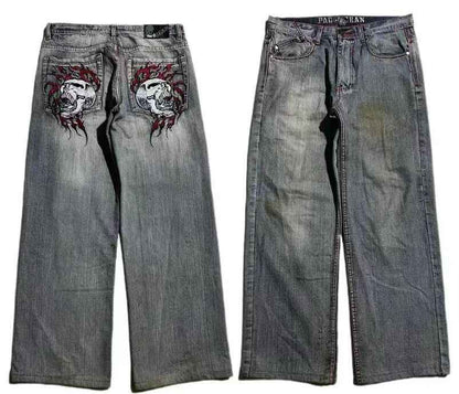 American Retro Washed-out Jeans for Men - Wide-leg Workwear Design Casual Style