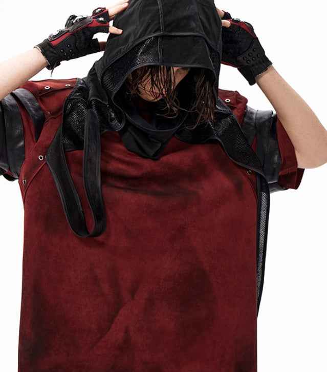 Dark Leather Patchwork T-Shirt in Dirty Dyed Red