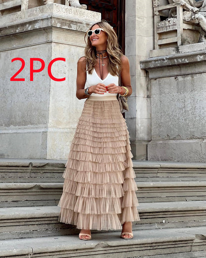 Layered Ruffles Long Skirt Summer Fashion A Line Swing Mesh Dress for Women - Florence Luxe
