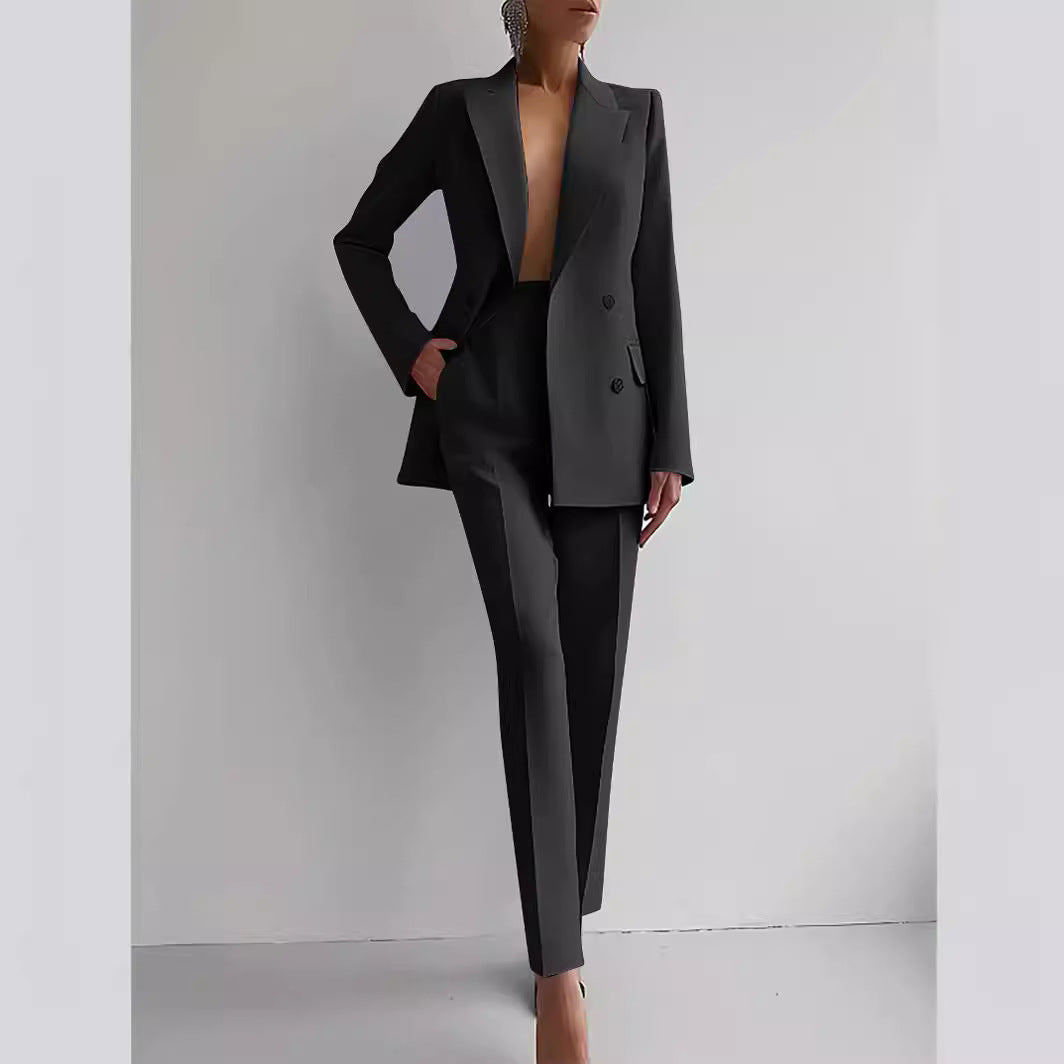 Casual Suits Fashion Long Sleeve Single-breasted Jacket Top And Slim Fit Trousers Women&
