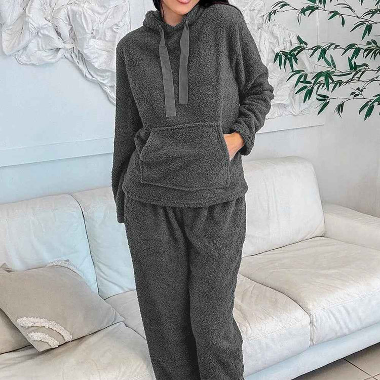 Medium Grey Fuzzy Hoodie Lounge Set with Drawstring Pants - 2pcs Set
