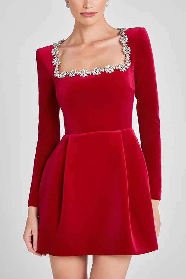 Christmas Elegant Square Neck Long-sleeved Dress with Flowers Rhinestone Design for Women - A-line Short Dress for Spring Fashion with Men&