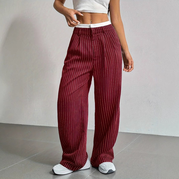Stripe Printed Trousers Fashion High Waist Straight Leg Pants With Pocket Zipper Casual Suit Pants For Women - Florence Luxe