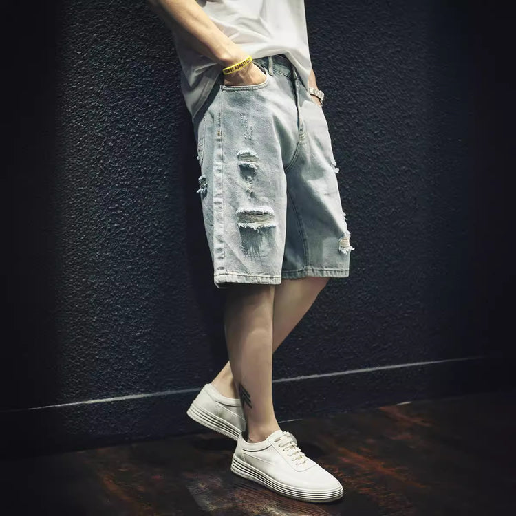 Ripped Denim Outer Wear Fifth Pants - Trendy Ripped Denim Pants for Stylish Outfits - Florence Luxe