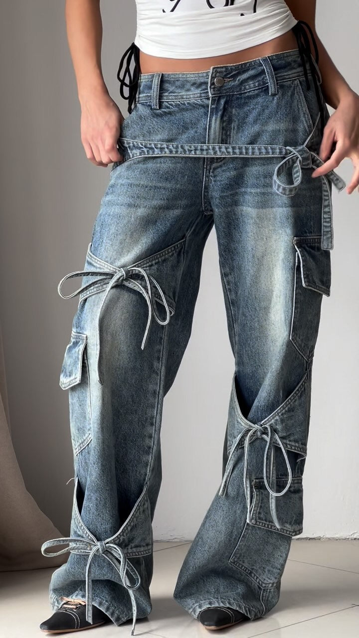 Denim Utility Jeans with Knot - Stylish and Functional Tied Elements - Florence Luxe