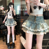 Pure Hot Girl Style Double-layer Lace Ruffled Denim Skirt Women - Florence Luxe