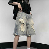American Retro Denim Shorts Wide Leg Tattered Jeans