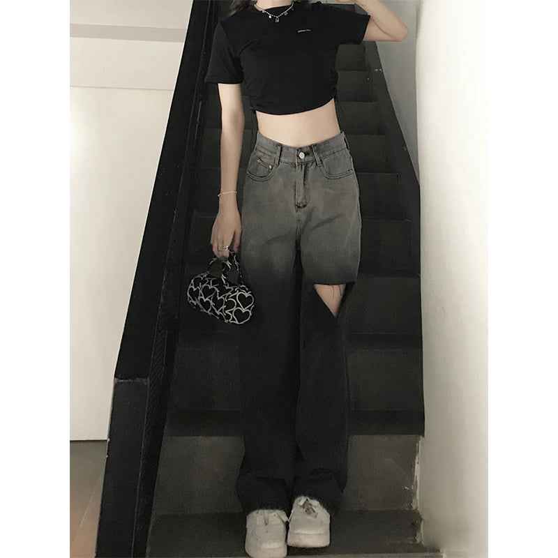 Ripped Jeans Female High-waist Straight-leg Pants Small Wide-leg