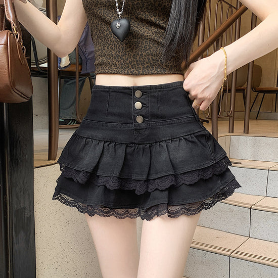Pure Hot Girl Style Double-layer Lace Ruffled Denim Skirt Women - Florence Luxe
