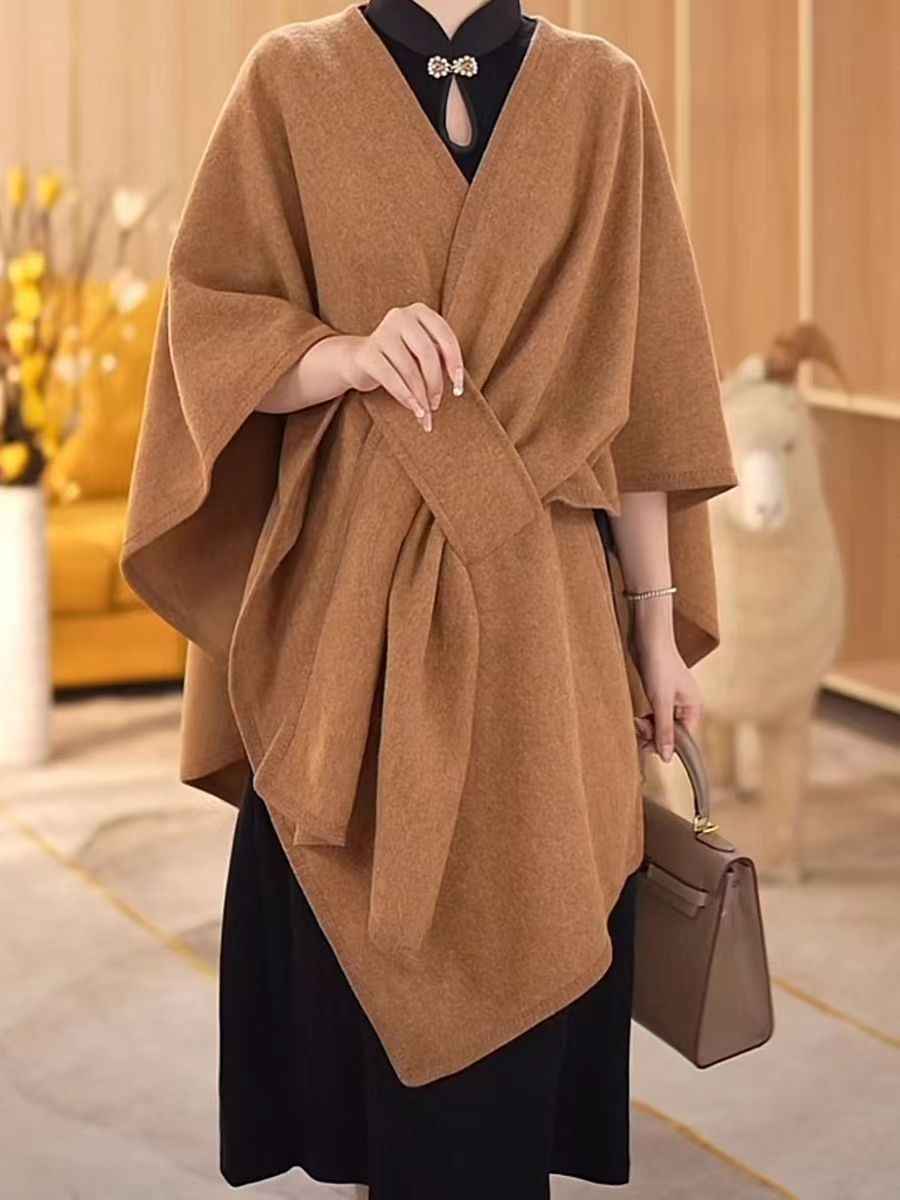 Fur Collar Knitted Cardigan Cape and Shawl with Fur Ball Detail