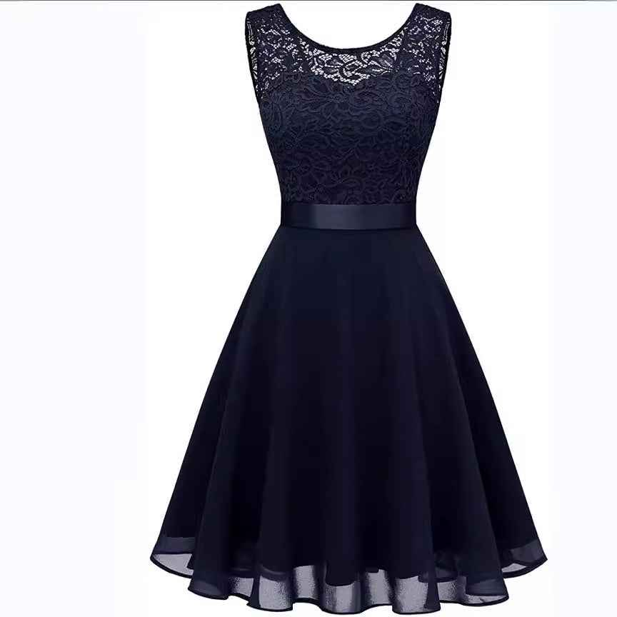 European And American Hollow Waist Solid Color Dress - Sleeveless Lace Hepburn Style