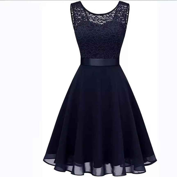 European And American Hollow Waist Solid Color Dress - Sleeveless Lace Hepburn Style