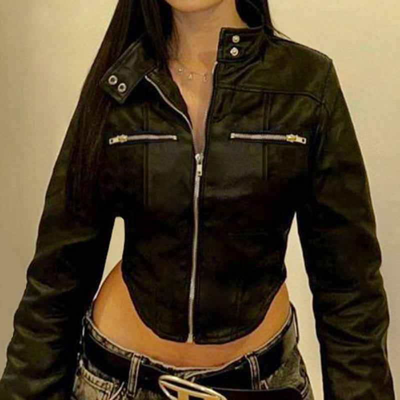 Stand-up Collar Slim Fit Jacket with Short Zipper