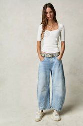 High Stretch Mid-Rise Barrel Denim Jeans.