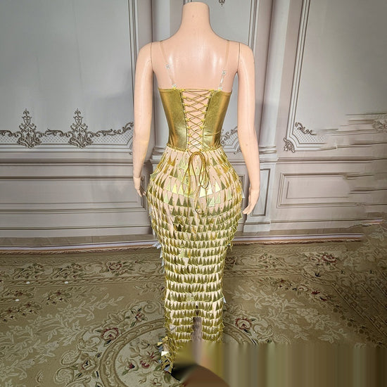 Golden Mermaid Formal Dress with Bright Surface Bandage Design and Slimming Waist - Florence Luxe