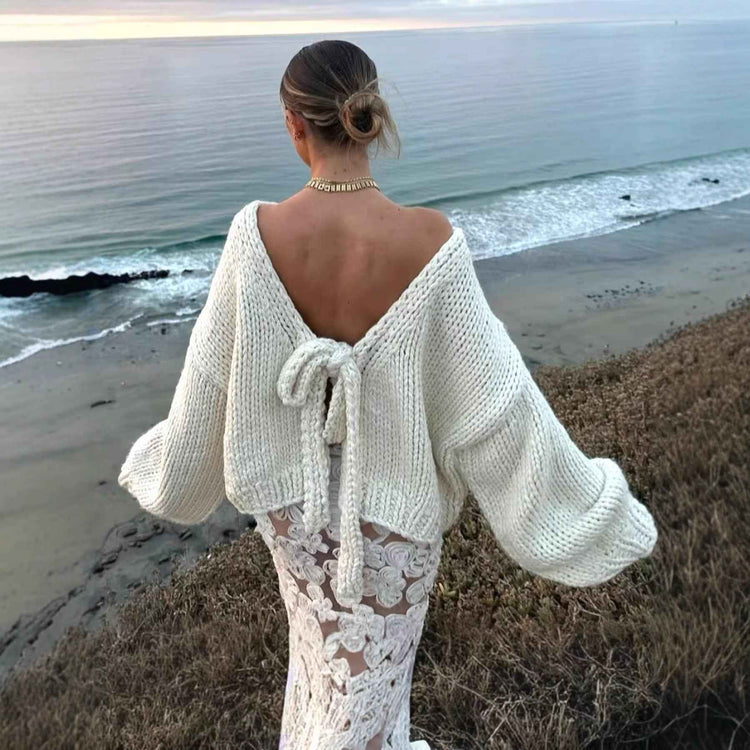 Backless Lace Up Sweater - Long Sleeve Loose Sweater for Effortless Style