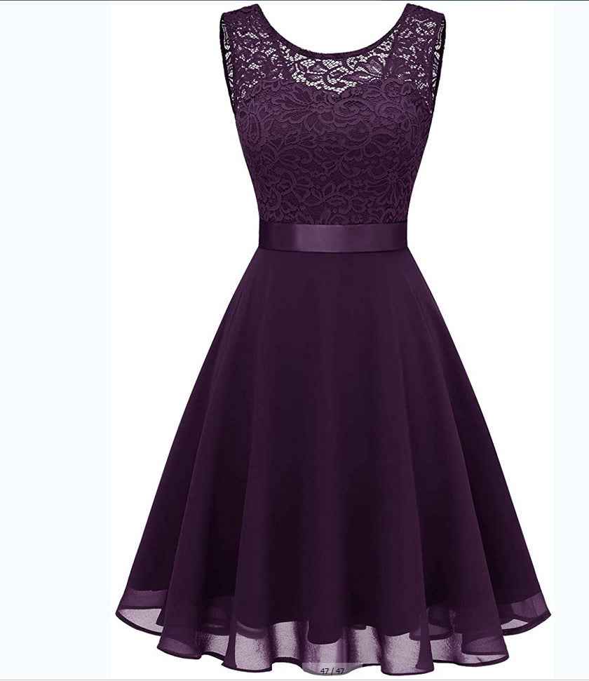 European And American Hollow Waist Solid Color Dress - Sleeveless Lace Hepburn Style