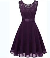 European And American Hollow Waist Solid Color Dress - Sleeveless Lace Hepburn Style