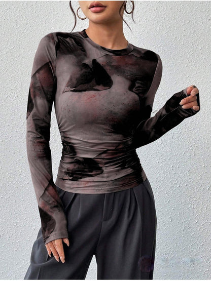 Ink-wash Retro Print Top for Women - Stylish Slim-fit Versatile Design