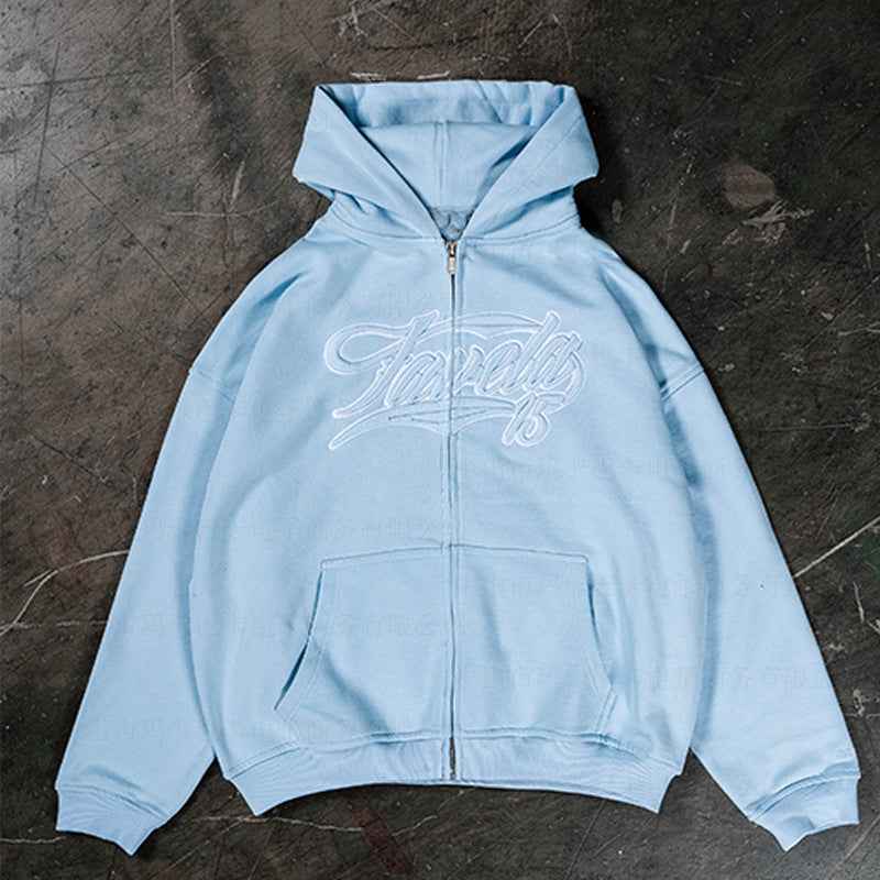 American Retro Hooded Zip-up Sweater with Unique Print