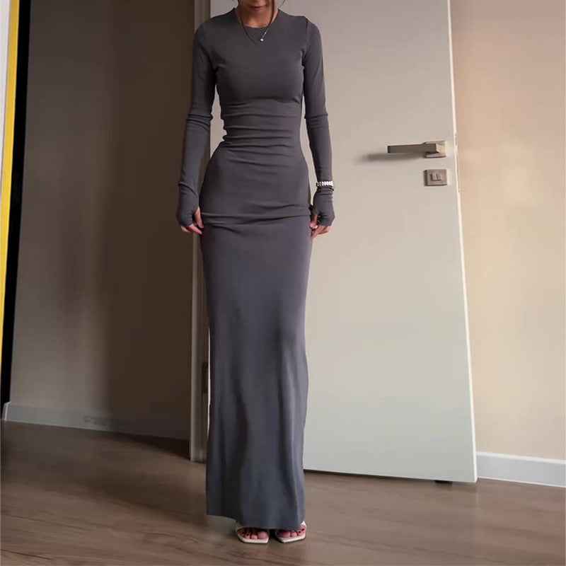 Sexy Long Sleeve Narrow Solid Color Dress