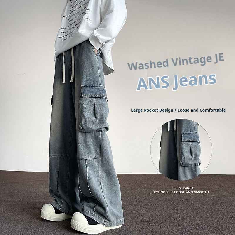 Washed Vintage Denim Wide-Leg Pants for Men with Multi-Pockets
