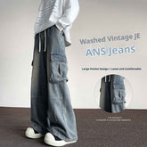Washed Vintage Denim Wide-Leg Pants for Men with Multi-Pockets