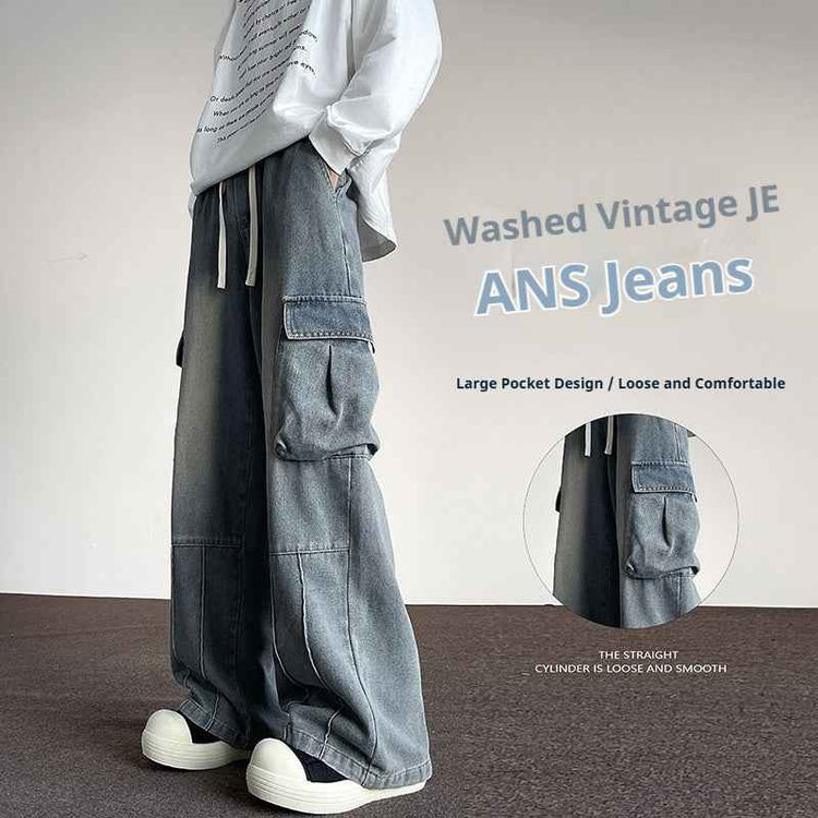 Washed Vintage Denim Wide-Leg Pants for Men with Multi-Pockets