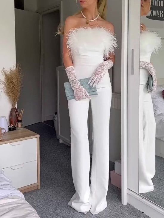 Elegant White Off-Shoulder Jumpsuit with Feather Accents - Florence Luxe