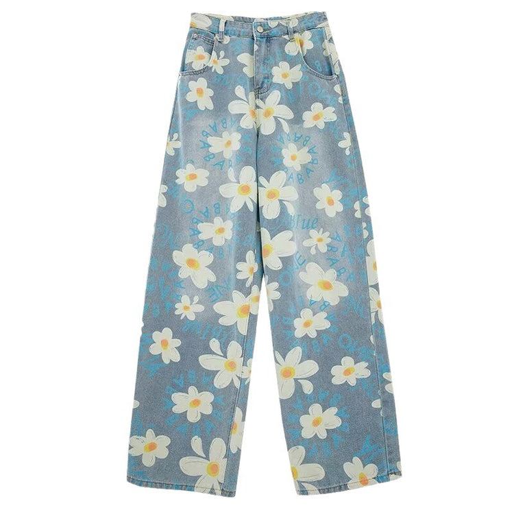 New Summer Floral Wide-Leg Jeans for Women - Washed Printed Style - Florence Luxe