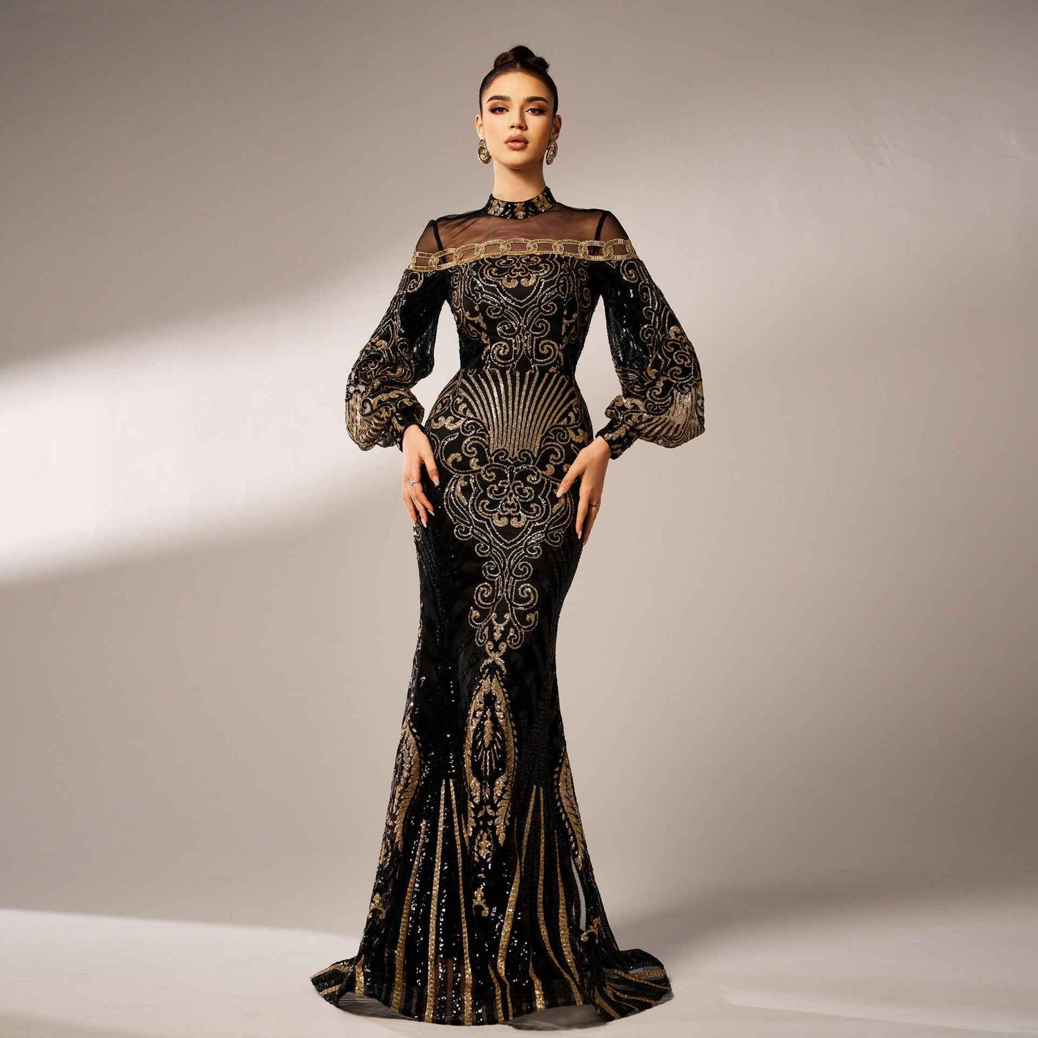 Long Sleeve Sequin Fishtail Dress with Lace for Elegant Occasions