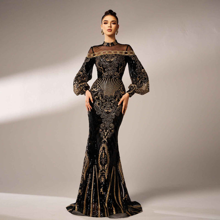 Long Sleeve Sequin Fishtail Dress with Lace for Elegant Occasions