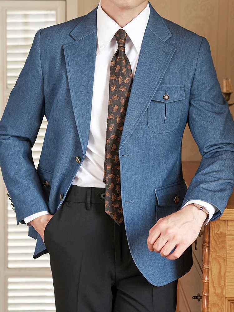 Anti-wrinkle Easy-to-care Suit with Washed Vintage Denim Wide-leg Pants Men