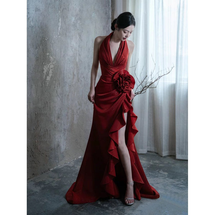 Socialite Style Wine Red Elegant Halter Bride Wedding Toast Dress - Florence Luxe