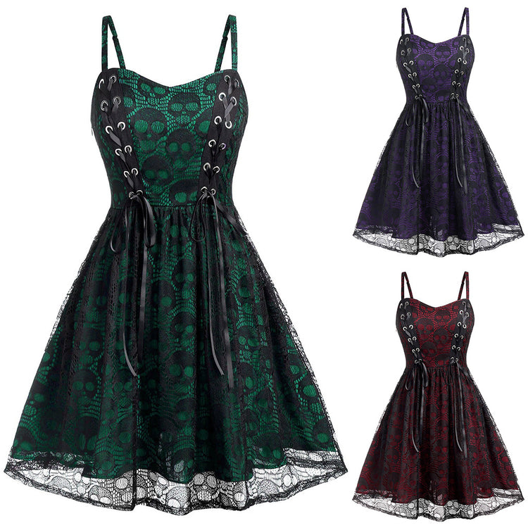 Skull Strap Dress Halloween Lace-up - Florence Luxe