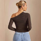 One-Shoulder Slim Mesh Top for Women - Long Sleeve Pleated Cross-Body Design - Florence Luxe