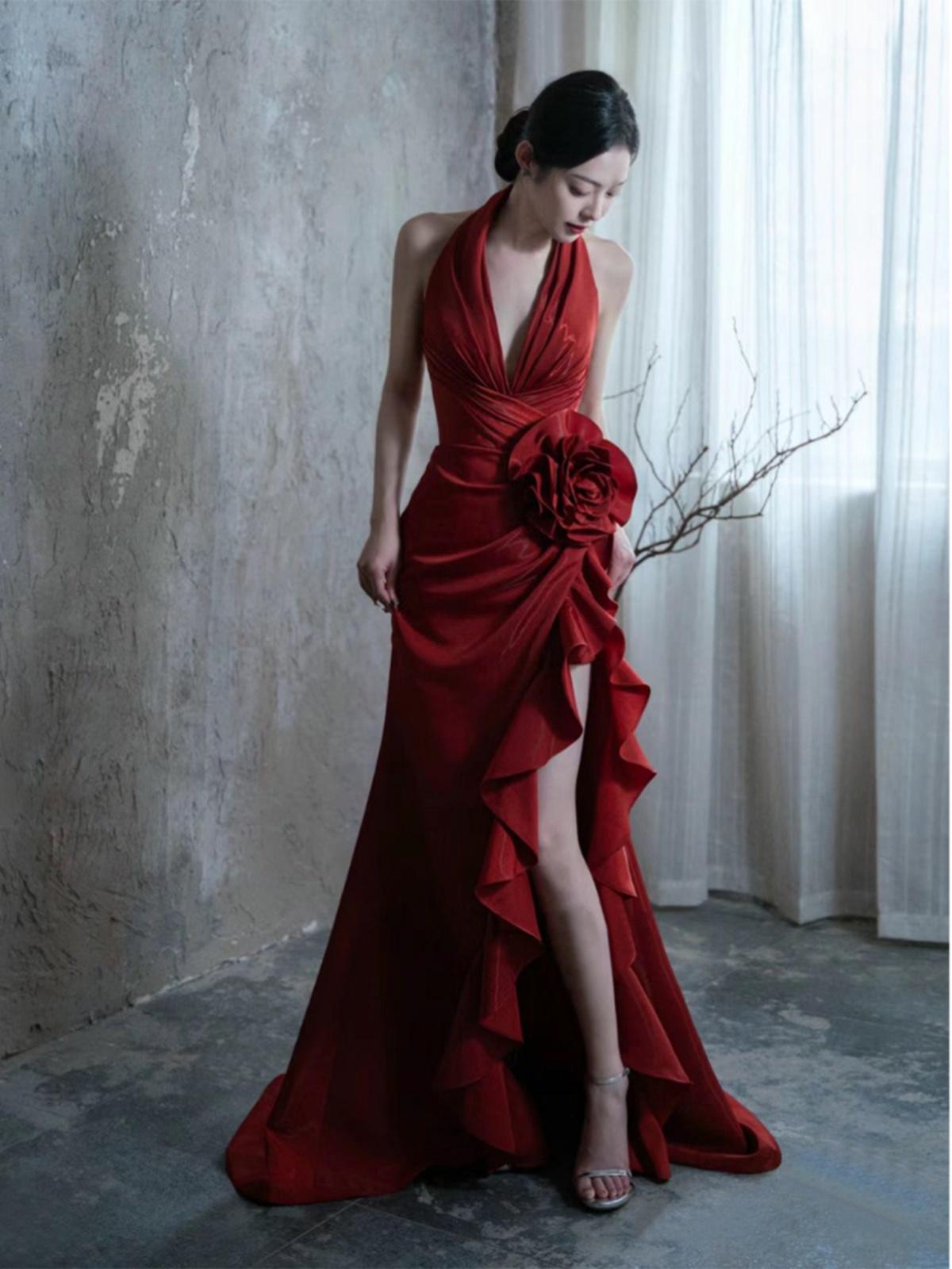 Socialite Style Wine Red Elegant Halter Bride Wedding Toast Dress - Florence Luxe