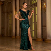 Round Neck Sequined Evening Dress with Beads and Slit for Banquet - Florence Luxe