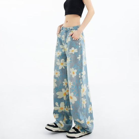 New Summer Floral Wide-Leg Jeans for Women - Washed Printed Style - Florence Luxe