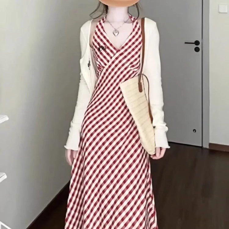 Retro Plaid Slimming Dress with Elegant Design - Florence Luxe