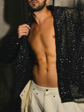 Black Sequin Sheer Open-Front Shirt With Oversized Silhouette