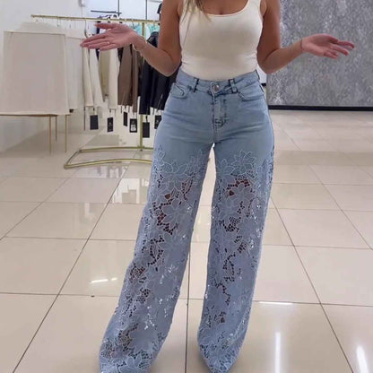 Y2K Lace Flowers Jeans High Waist Straight Wide Leg Pants for Women