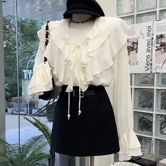 French Ruffled V-Neck Shirt for Women - Elegant Long Sleeve Style - Florence Luxe