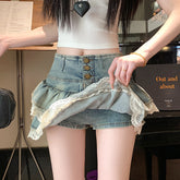 Pure Hot Girl Style Double-layer Lace Ruffled Denim Skirt Women - Florence Luxe