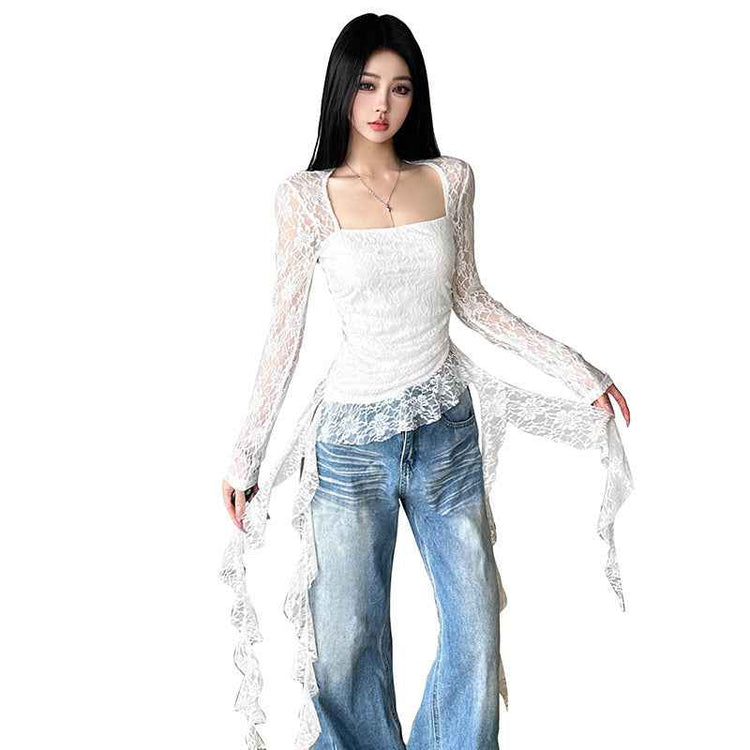 Square Collar Irregular Ribbon Slim Fit Peplum Top Women