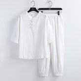 Linen Short Sleeve Suit Buckle Half Buddhist set - Florence Luxe