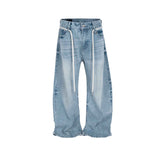 Retro Washed Jeans with Drawstring Belt - Vintage Style Trousers