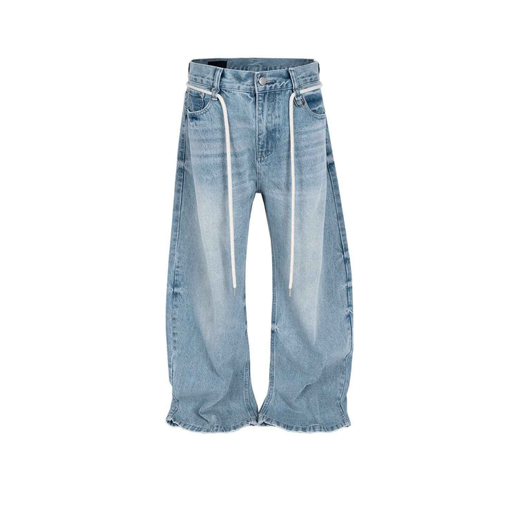 Retro Washed Jeans with Drawstring Belt - Vintage Style Trousers